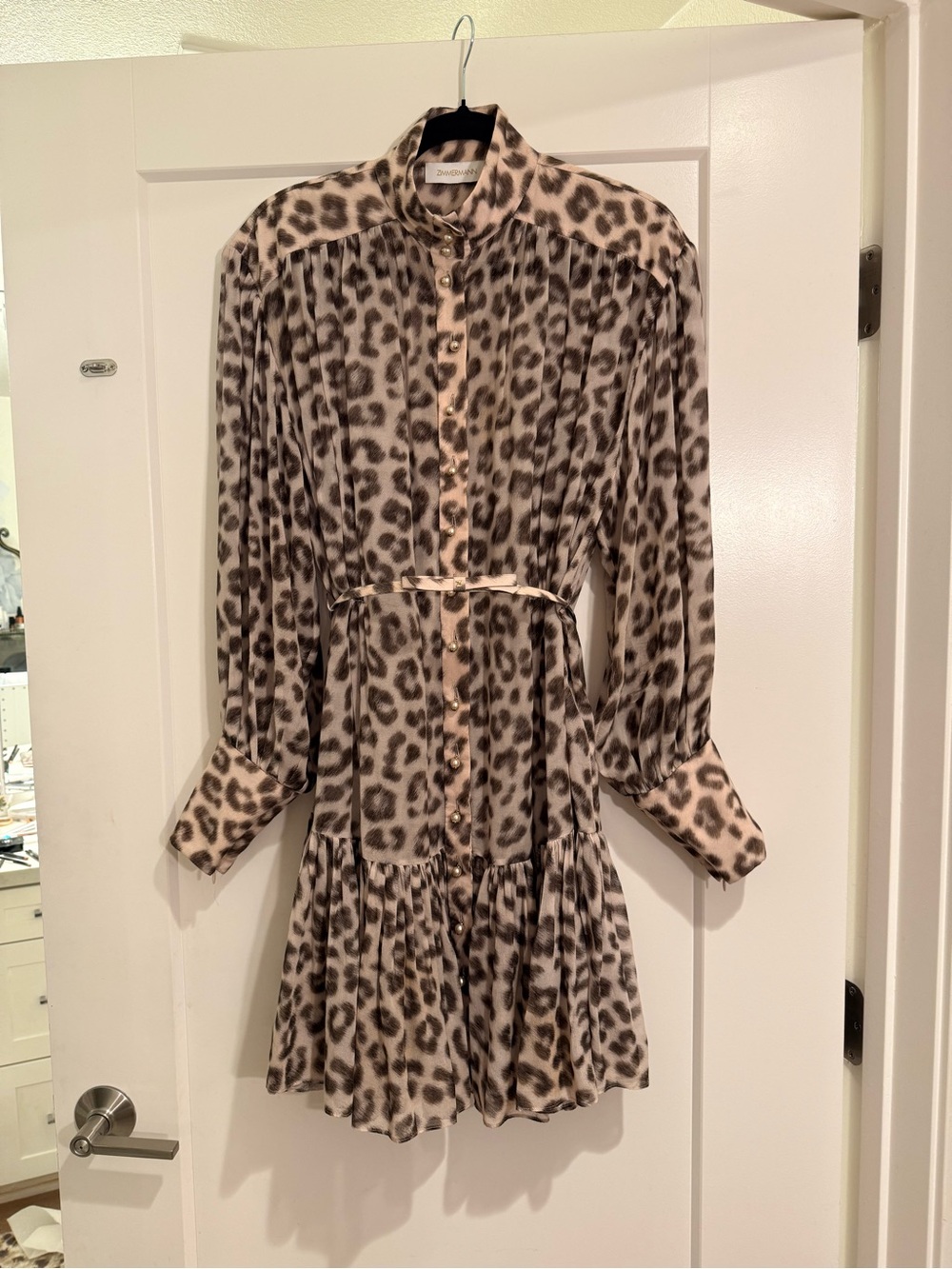 Zimmermann Blush and Taupe Leopard Print Silk Button-Front Long Sleeve Dress